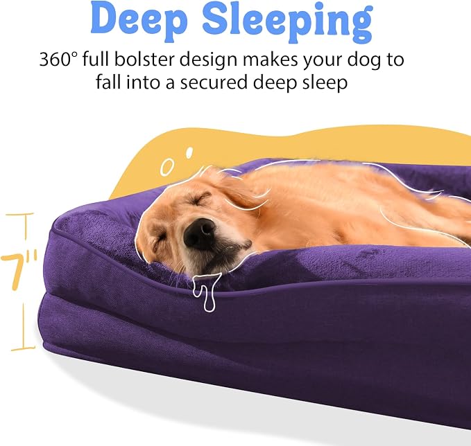 Chez Paw Orthopedic Dog Bed for Medium & Large Dogs, Waterproof Egg-Crate Foam Dog Bed with Removable Washable Cover, 4-Sided Bolster Support & Non-Slip Bottom, Purple 36"x27"x7"