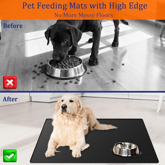 48"x32" Extra Large Pet Food Mat, 1.5MM Super Thick Silicone Dog Mats for Food and Water, XXXL Nonslip Pet Feeding Mats for Floors,Dog Cat Bowl Mat with Raised Edges, Black