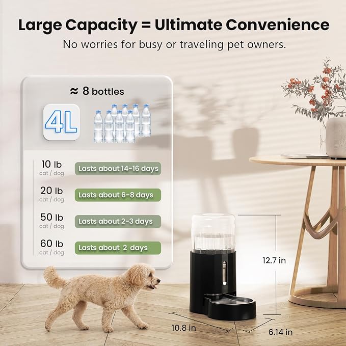 CZPET Dog Water Bowl Dispenser 4L, Wider Mouth & Upgraded Brush for Easy Cleaning Automatic Cat Gravity Refilling Waterer with Removable Stainless Steel Bowl, Large Drinking Area for Multi-Pet (Black)