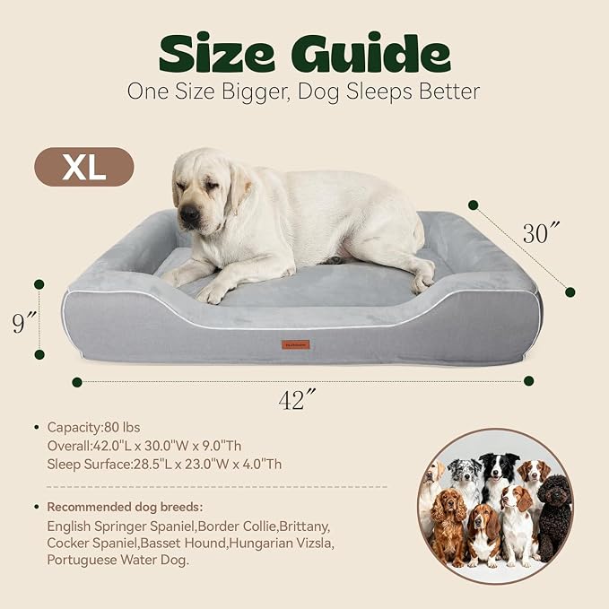 XL Orthopedic Dog Bed for Large Dogs Cooling Gel Memory Foam & Egg Crate Foam,Waterproof Removable Washable Cover with Bolster Sides,42.0"X30.0"X9.0" Grey