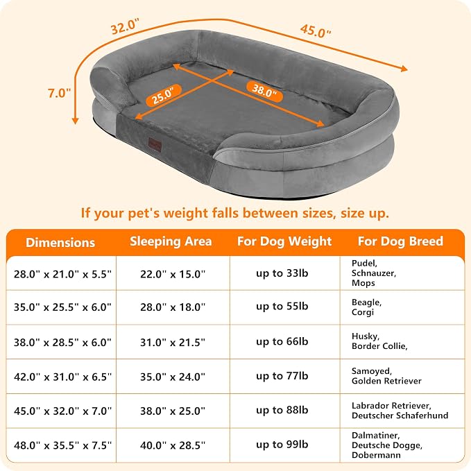 Dwanton Orthopedic Dog Bed for Extra Large Dogs with Gel Memory Foam, Waterproof Dog Sofa, Washable Pet Bed with Four Sided Bolster Cushion, Removable Cover & Non-Slip Bottom, 45", Medium Grey