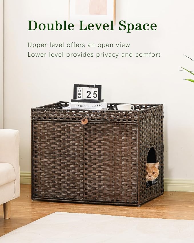 SETVSON Cat Litter Box Enclosure Furniture, Handwoven Rattan Hidden Litter Box with Mat, Large Space Cat House with 2 S-Shaped Hooks, 30.3 x 18.3 x 24.4 Inches, Indoor for Living Room Apartment Brown