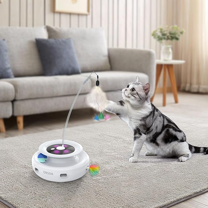 ORSDA Cat Toy, 3-in-1 Automatic Cat Toys for Indoor Cats, Interactive Feather Toys for All Breeds, Replacement Attachments 7PCS Cat Teaser Toy Refills Cat Wand Attachments