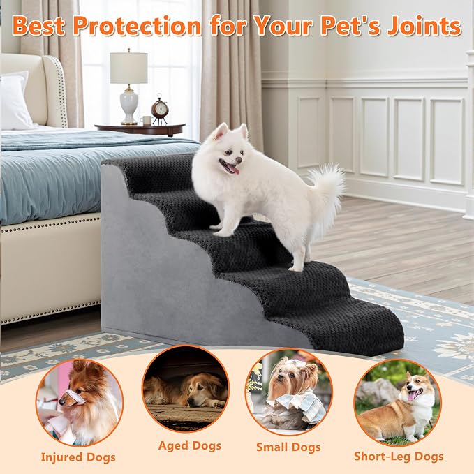 Dog Stairs Ramp, Curved 5-Step Dog Steps for Small Dogs and Cats, Pet Stairs for High Beds and Couch with Anti-Slip Washable Cover and Durable High Density Foam, Dark Grey