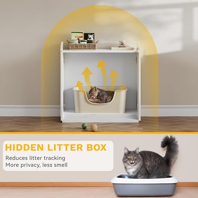 DWVO Large Hidden Litter Box Furniture with Hooks, Modern Cat Litters Box Enclosure for M/L/XL Litter Boxes, Wooden Secret Cat Cabinet, High-Gloss White