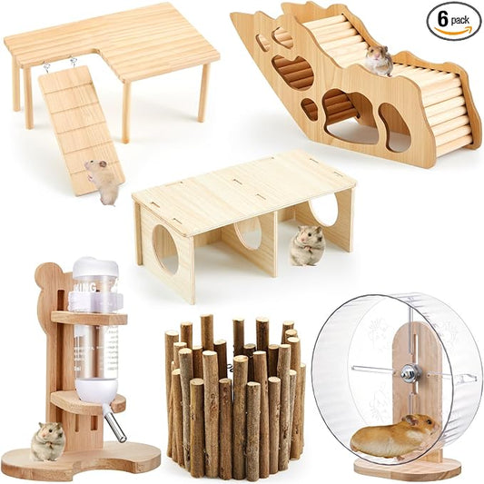 6 Pcs Hamster Toys Set, Maze Wood House, Climbing Ladder Wooden Bridge Tunnel Toy Platform Silent Exercise Running Wheels and Water Bottle Set for Rat Guinea Pig Habitat Cage(Basic)