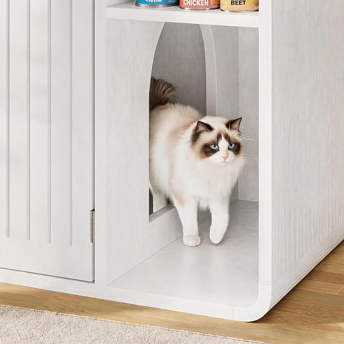 MXV 35.4" Cat Litter Box Enclosure, Hidden Wooden Cat Furniture with Slatted Doors, Mid-Century Modern Cat Washroom Storage Bench, Side End Table for Living Room, Bedroom, White