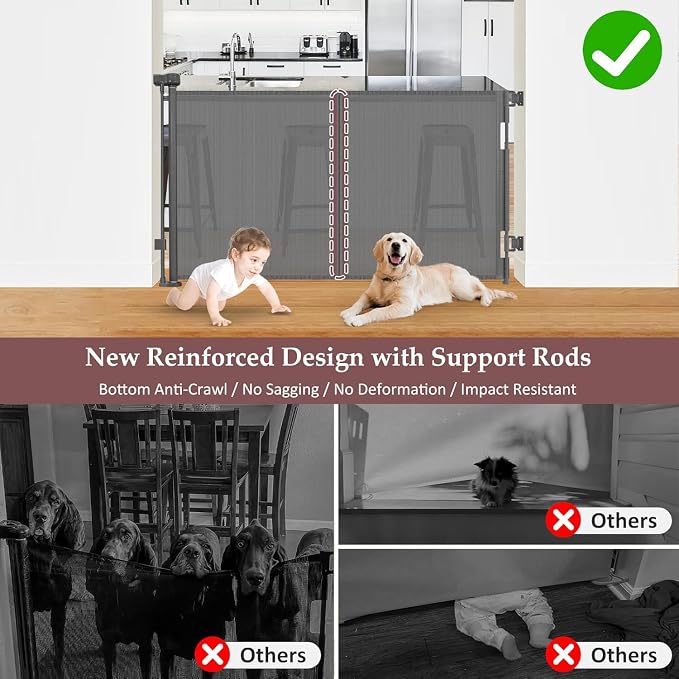 Reinforced 41 Inch Extra Tall Retractable Baby Gate 55" Wide Mesh Baby Gate Retractable Pet Gate with Support Rods – Prevents Crawling Under, Indoor Retractable Gate Outdoor Extra Tall Pet Gate, Gray