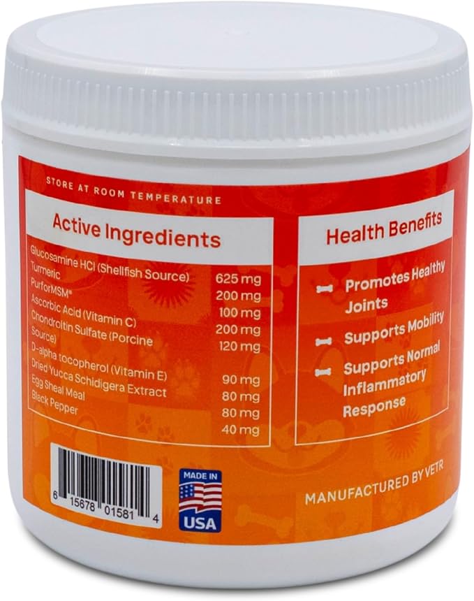 Vetr Hip and Joint Chicken Flavored Chews for Dogs - Glucosamine Chondroitin MSM Supplement - 120 Chewable Tablets - Vet-Formulated in USA