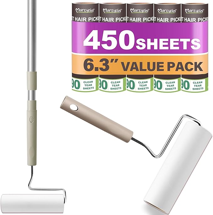 Extra Sticky Large Surface Lint Roller,6.3'' Giant Lint Roller for Pet Hair,5 Rolls 450 Sheets,Long Handle Lint Remover,Easily Remove Carpets, Clothes, Couch and Curtains Dust Cat and Dog Hair Removal