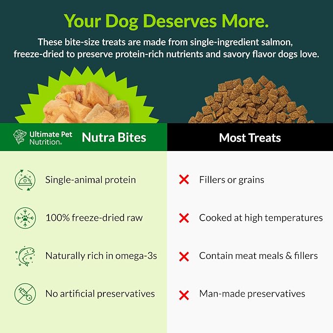 ULTIMATE PET NUTRITION Nutra Bites Freeze Dried Raw Single Ingredient Training Treats Food Topper for Dogs, 4 Ounces, Salmon