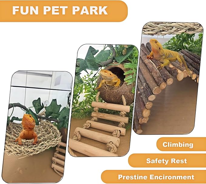 TEICCI Bearded Dragon Tank Accessories Set,10-Piece Kit Leopard Gecko Tank Accessories with Bearded Dragon Hammock, Large Reptile Bridge Hammock,Decor Suitable for Lizards, Geckos, and Chameleons
