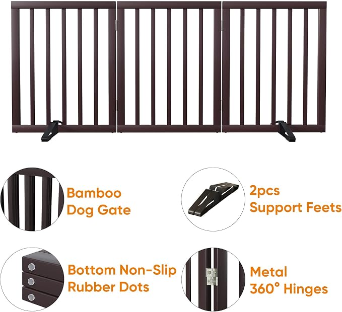 Brown 18-55" Wide Dog Gate, Bamboo Dog Gates for the House Doorways, Freestanding Pet Gates for Dogs, Doogie Puppy Fence Gate