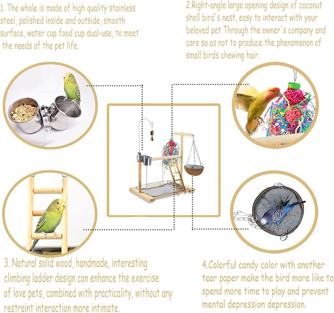Bird Stand Fun Straw Bell Toys,Parrot Wooden Platform Stand with Perch Ladder, Swing, Bell & Feeder