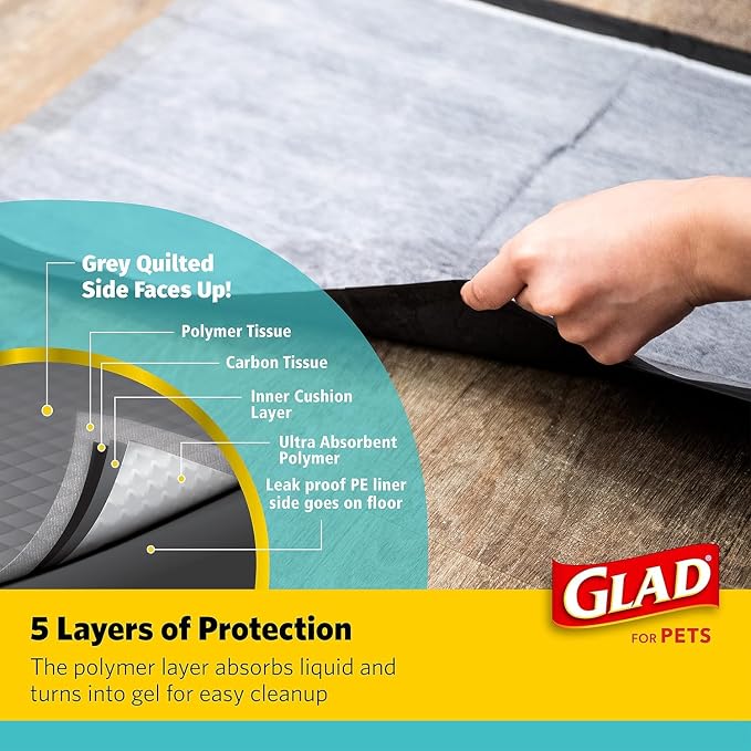 Glad for Pets Black Charcoal Puppy Pads, 120 Count, 17.5 x 23.5 Inch, Charcoal Odor Neutralizing, Super Absorbent, Leak-Resistant Edges, Pheromone Attractant, Disposable - 2 Pack