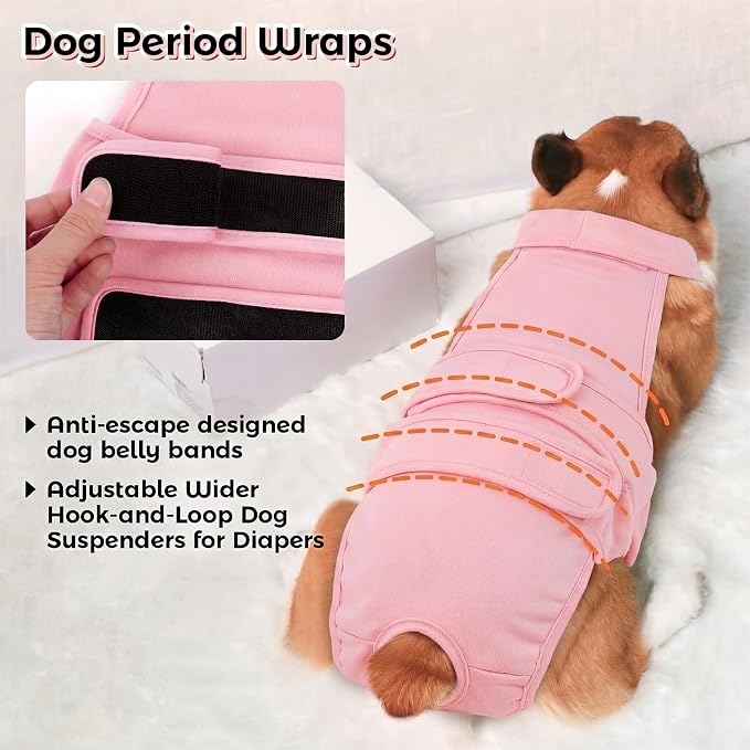 QBLEEV Dog Diapers with Suspenders, Female Escape-Proof Full Body Dog Period Diapers Overalls, Reusable Washable Sanitary Panties for Heat Cycle & Incontinence, Doggie Underwear Onesie with Tail Hole