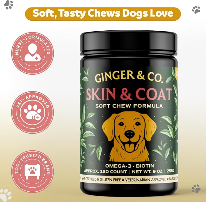 GINGER & CO. Skin & Coat Support Chews for Dogs – Omega 3 & Salmon Oil 120CT