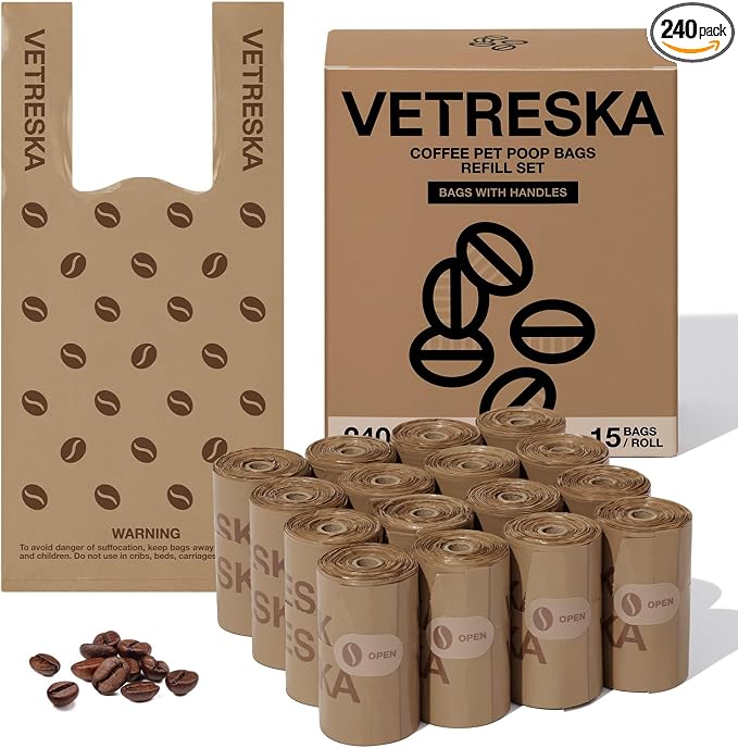 VETRESKA Dog Poop Bags with Handles 240 Count, Coffee Scented Waste Bags, Leak-Proof Thick Dog Bags for Poop, Easy-Tie Large Poop Bags, 16 Refill Rolls for Dog Walking Cat Litter
