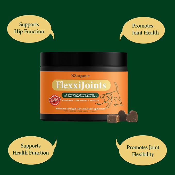 NZorganix FlexxiJoints 100% New Zealand Green-Lipped Mussel Powder, Hip & Joint Support Formula for Dogs & Cats, with Glucosamine, Chondroitin 200g (600 Servings)