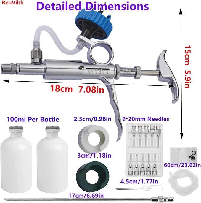 5ML Livestock Syringe Gun, Automatic Self Refill Injection Gun Continuous Adjustable Bottle Attachment Livestock Animal Syringe with 10 Needles, for Chicken, Duck, Pig, Sheep, Cow Poultry