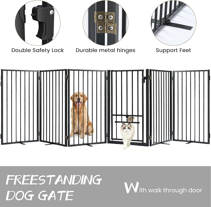 Metal Freestanding Dog Gate with Cat Door for Outdoor & Indoor,120" Extra Wide Foldable Pet Fence,30" Tall Dog Gate for RV Camping,Stairs,Hallways,Doorways,Deck,Yard,with 5PCS Support(6 Panels,Black)