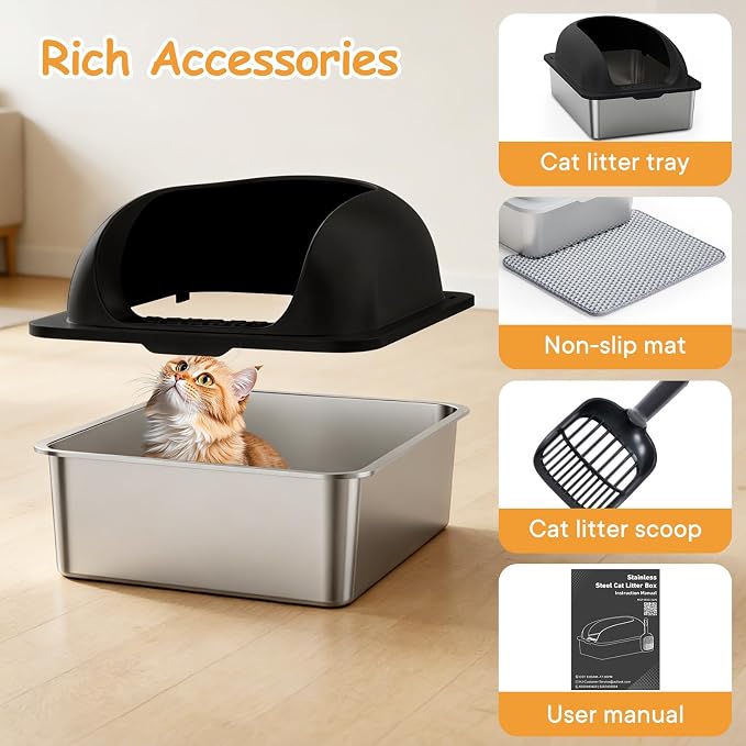 Extra Large Cat Litter Box with Lid, Stainless Steel Cat Litter Box with Scoop and Mat, High Walls for Anti-Urine Leakage, Easy Cleaning, Black