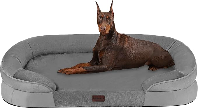 Dwanton Orthopedic Dog Bed for Extra Extra Large Dogs with Gel Memory Foam, Waterproof Dog Sofa, Washable Pet Bed with Four Sided Bolster Cushion, Removable Cover & Non-Slip Bottom, 48", Medium Grey