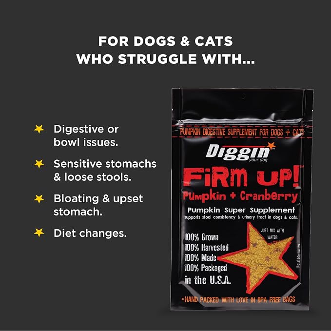 Diggin’ Your Dog Firm Up Pumpkin for Dogs & Cats with Cranberry, 100% Made in USA, Pumpkin Powder for Dogs, Digestive Support, Apple Pectin, Fiber, Healthy Stool, 4 oz