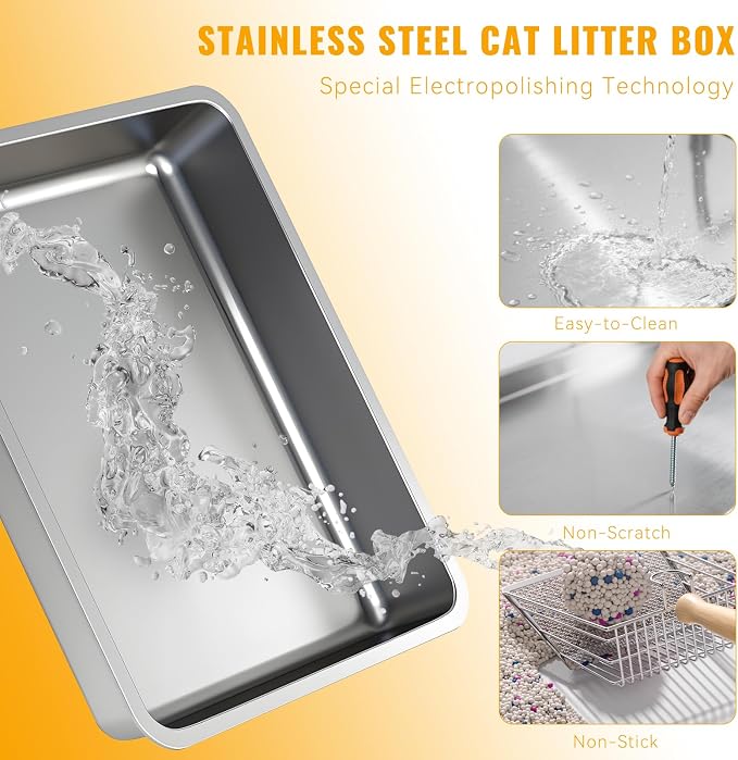 Stainless Steel Cat Litter Box with Lid, 24" L x 16" W x 12" H, Extra Large Enclosed Litter Box for Cats, High Sided Anti Leakage, Non-Stick, Includes Stainless Steel Scoop & Cat Mat