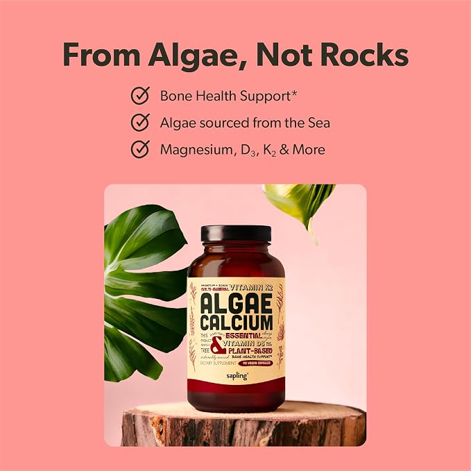 sapling Calcium Supplement - Whole Food with Vitamin K2 & D3, Magnesium, Zinc, Boron, Mineral Complex. Sourced Sustainably from Red Algae. for Bone Strength and Support. Non-GMO & Vegan 90 Capsules.