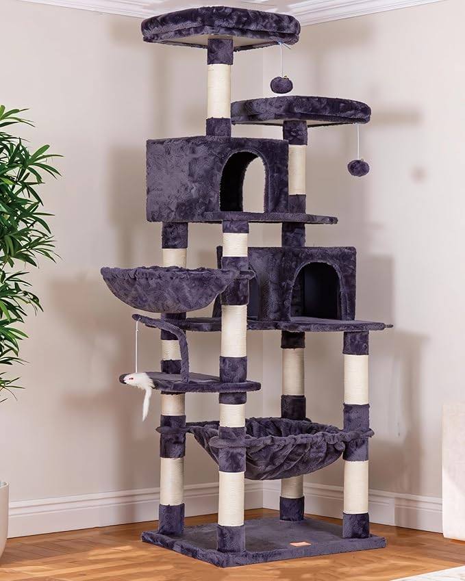 Heybly Cat Tree, 70 inches Tall Cat Tower condo with Toy for Indoor Large Cats, Cat House Furniture with Padded Plush Perch, Cozy Hammock and Sisal Scratching Posts,Smoky Gray HCT032G