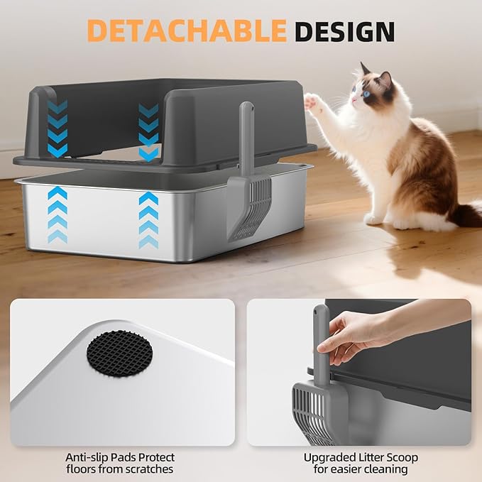 WoofiGo Enclosed Stainless Steel Cat Litter Box with Lid, XL Extra Large Litter Box for Big Cats, Metal Litter Pan High Sided, Never Absorbs Odors, Anti-Urine Leakage, Include Scoop (65-Darkgray)