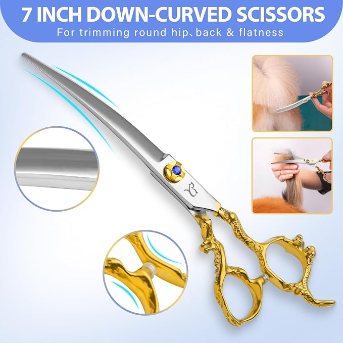 Dog Grooming Scissors,Dragon Curved Chunkers Shears and Curved Thinning Shears Deg Grooming with Safety Round Tips, Sharp and Comfortable 4 in 1 Dog Scissers for Grooming