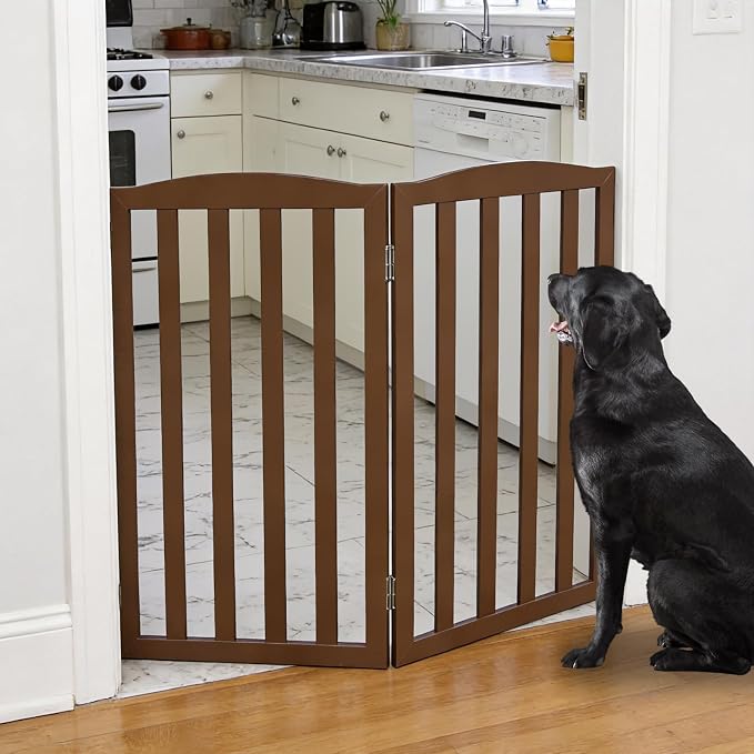 Freestanding Dog Gate Indoor,Doggie Gate Foldable Pet Gates for Doorways,Stairs or Hallways, Wooden Brown Pet Gate for the House, Pet Fence,32 "Height-2 Panels