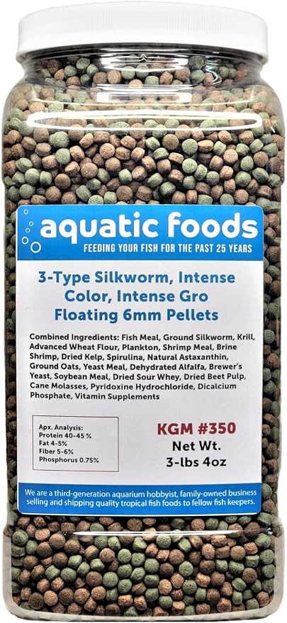 3-Type 6mm Floating Silkworm Pellets (To increase Color Glossiness), Intense Color Enhancing & Intense Growth Floating Pellets for ALL Tropicals, Koi & Pond Fish. KGM-350…3-lb 4oz Lg Jar