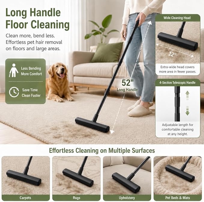 GOOGO Pet Hair Removal Tool Kit, 3 in 1 Carpet Rake Set with Black Long Handle Brush, Mint Green Scraper and Scalable Pet Broom Glove for Carpets, Couches and Cars