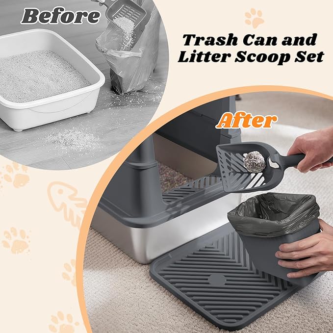 AIPERRO Enclosed Stainless Steel Cat Litter Box with Lid, FILP-Top High Sided Enclosure Metal Litter Boxes with Scoop Set for Big Cats, Non-Sticky, Anti-Leakage, Easy Cleaning,Transparent Grey