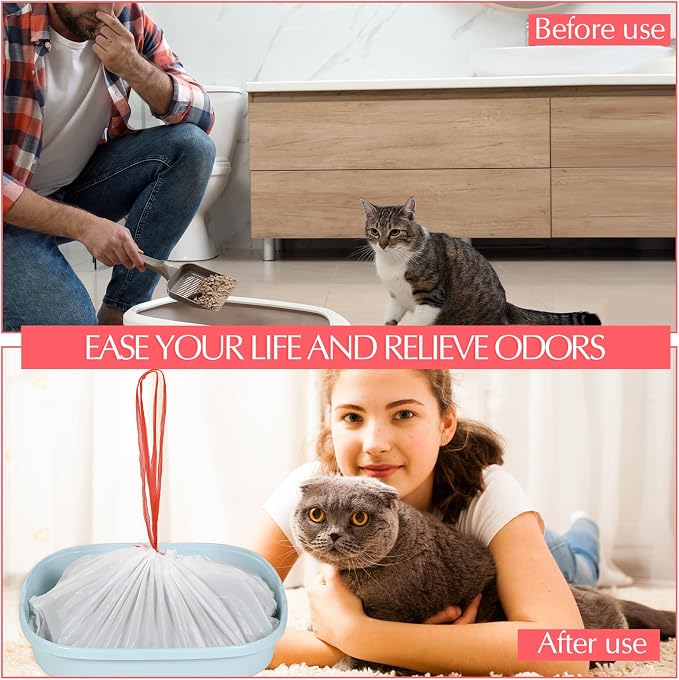 Sabary 80 Cat Litter Box Bags Jumbo Kitty Pan Liners with Drawstring Sturdy Hdpe Material for Cat Pet Waste Litter Box Tray, Pink (36 x 18 Inch)