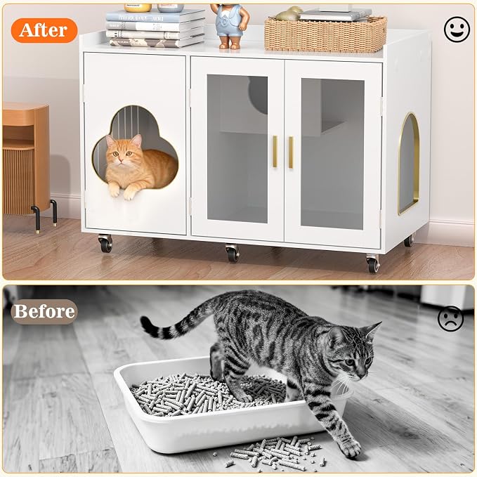 Cat Litter Box Enclosure, Large Cat Litter Box Furniture Transparent Glass Door, Fit Most of Litter Box, Modern Indoor Partitioned Cat House, End Table, 39.4 X 21.7 X 24.8 Inches, White