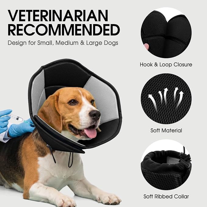 Dog Cones for Large Dogs, Soft Pet Cone Stop Licking After Surgery, Adjustable Pet E-Collar Alternative for Wound Healing, Black X-Large