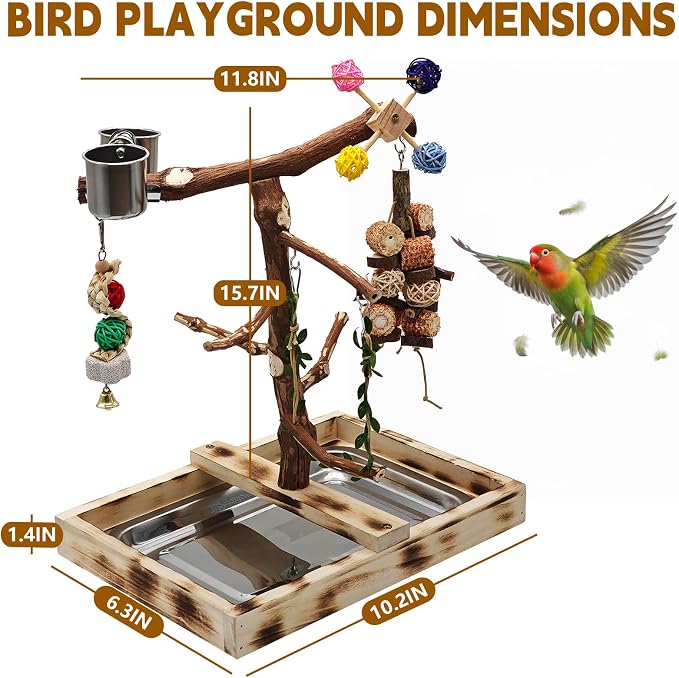 Large Bird Playground with Natural Wood perches, Suitable for Small Birds Such as Budgies, Conures, and Lovebirds. Includes Feeding Cups, a Swing, and Bird Chewing Toys.