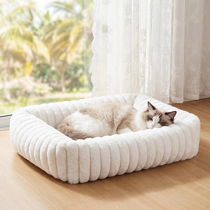 Square Cat Bed Orthopedic Pet Bed with Pillow Super Soft Rabbit Fur Small Dog Beds, Calming Plush Kitten Bed with Removable Washable Cover & Anti-Slip Bottom cat beds for Indoor Cats self Warming