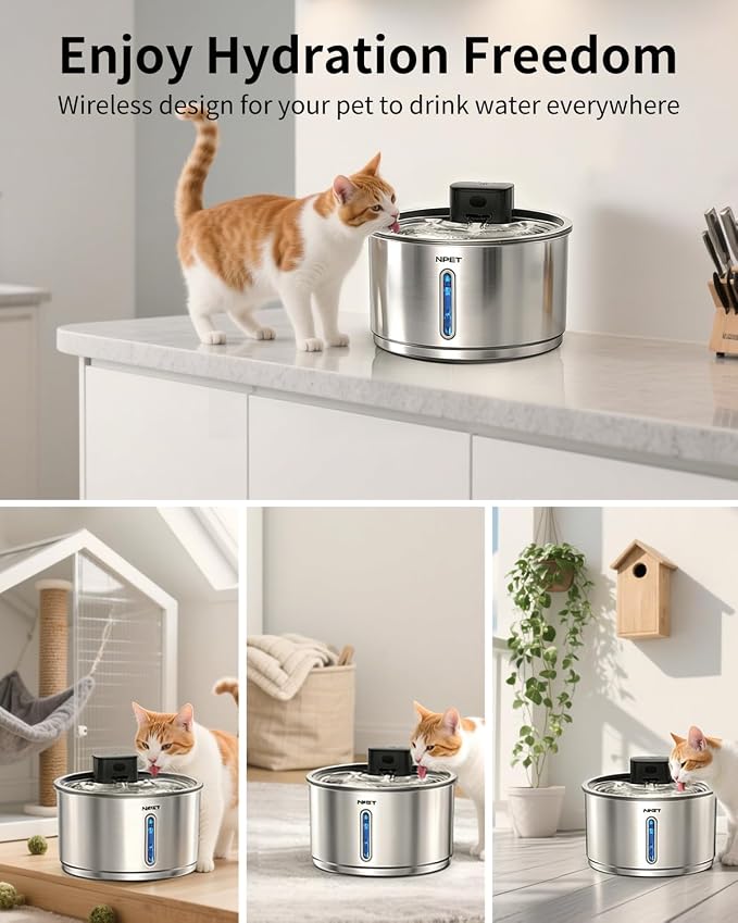 NPET Stainless Steel Wireless Cat Fountain, 1Gallon/135oz Battery Operated Automatic Pet Drinking Fountain - Cordless Dog Water Dispenser with Water Level Window for Cats Indoor