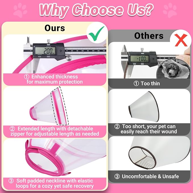 Dog Cone to Stop Licking, Clear Recovery Collar with Detachable Zipper, Sturdy Elizabethan Collar for Large Medium Small Dogs, Soft Adjustable Cone After Surgery Patented, Hot Pink XL