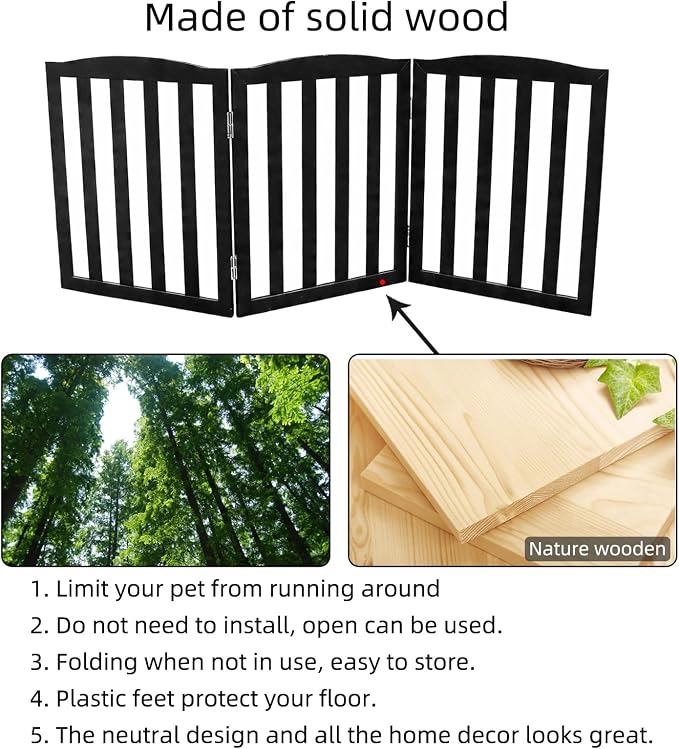Freestanding Dog Gate Indoor,Doggie Gate Foldable Pet Gates for Doorways,Stairs or Hallways, Wooden Black Pet Gate for the House, Pet Fence,24 "Height-3 Panels