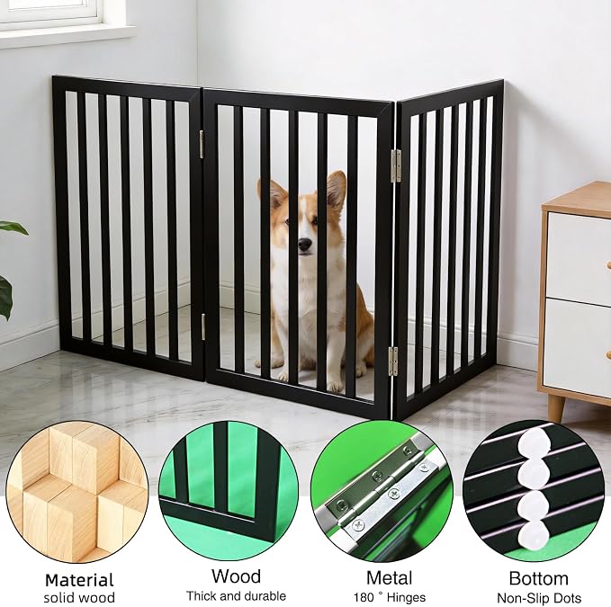 Dog Gate Indoor, Freestanding Dog Fence for The House, Doorways, Hallways,or Stairs,Pet Gate Foldable Wooden,Expandable 32" Height 3 Panels,Black