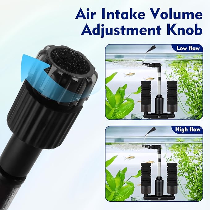 AQQA Electric Sponge Filter for Aquarium, Quiet USB Powered Breeding & Shrimp Filter with Bio Ceramic Media, Adjustable Air Intake & 360° Rotatable Outflow (110V Adapter Included) (S)