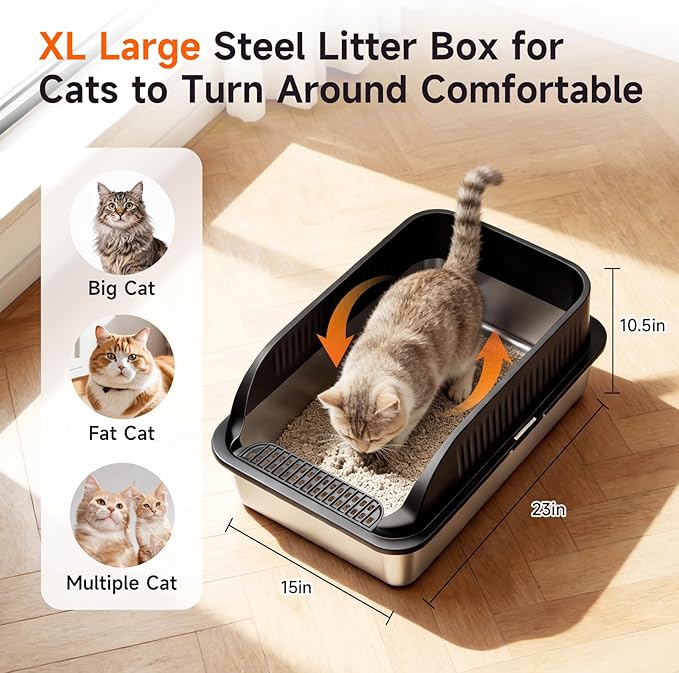 Stainless Steel Cat Litter Box with Lid, XL Extra Large High Sided Litter Box for Big Cats, Odor Free Open Top Litter Pan Easy Cleaning Anti-Urine Leakage Non-Stick, Includes Scoop