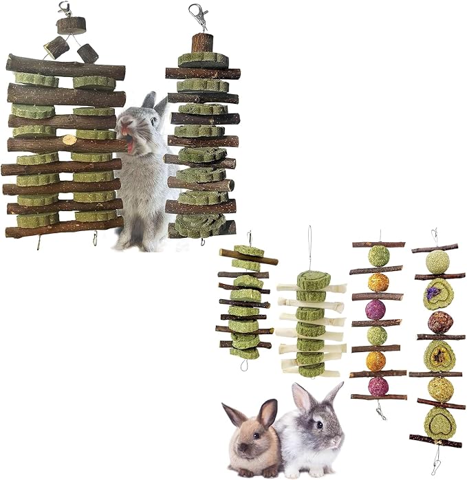 Hamiledyi Bunny Chew Toy for Teeth,Guinea Pig Natural Organic Fruitwood Sticks with Grass Cake for Rabbits,Chinchillas,Gerbils, Squirrels, Hamsters, Chewing/Improve Dental Health