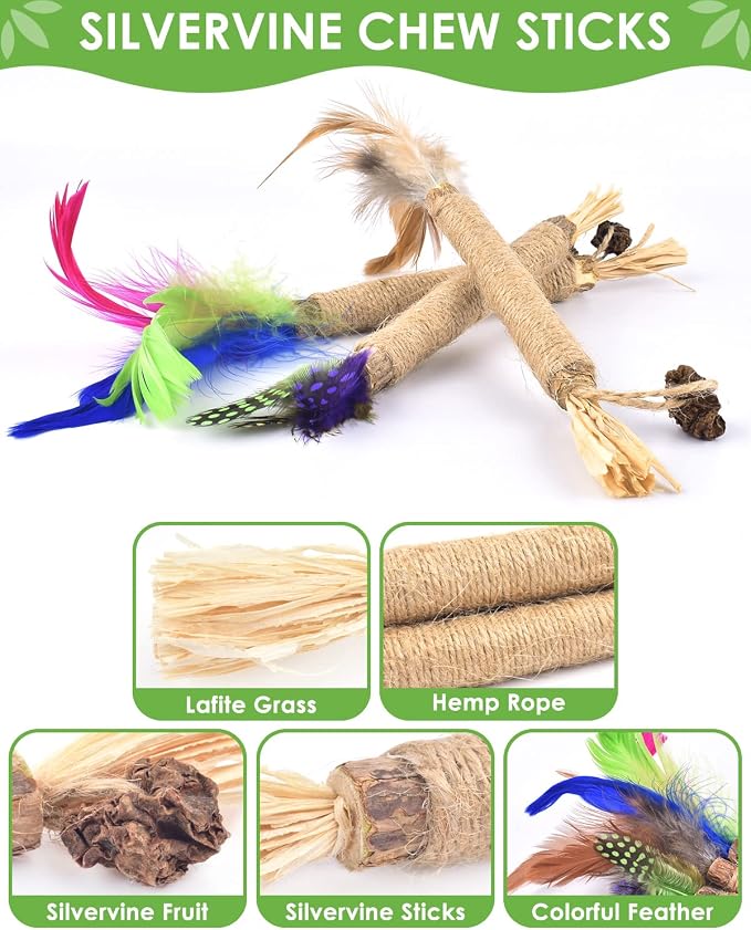 TINDTOP Silvervine Sticks for Cats with Natural Feather, Catnip Chew Toys | for Kittens Teeth Cleaning, Increase Appetite, Calm Cat Anxiety and Stress, Cat Dental Toy, 3 Pack